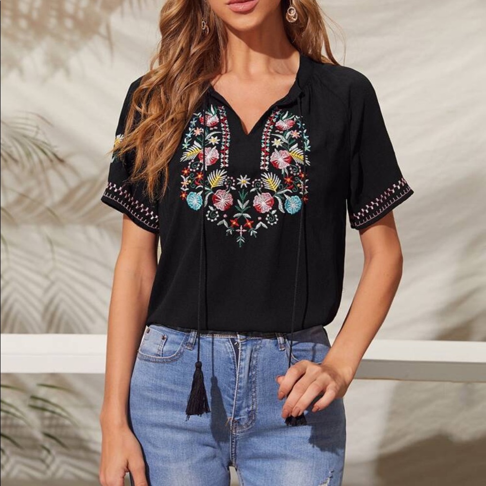 Tie Neck Floral Embroidered Top